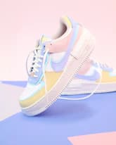 colorful background, store research result, pastel fashion sneakers, lifestyle ecommerce, trending footwear