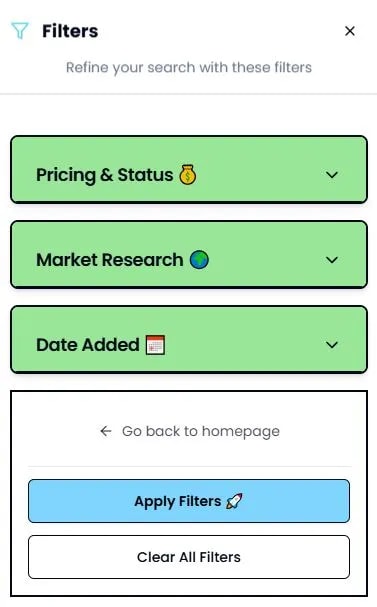 white background, storelister smart filtering panel, shopify product research filters for pricing status market research and date range, ecommerce store discovery tool