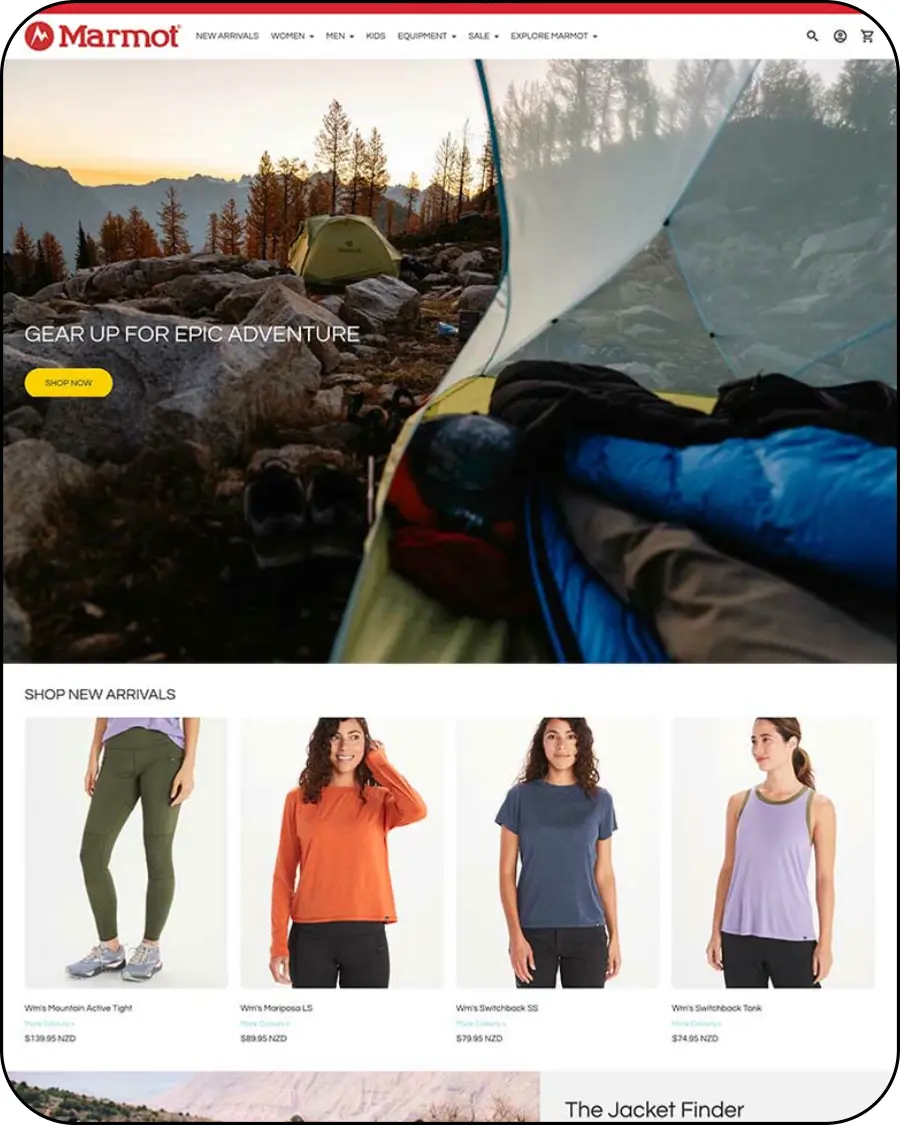 colorful background, shopify outdoor clothing storefront, hiking adventure gear catalog, ecommerce store showcase, storelister product discovery